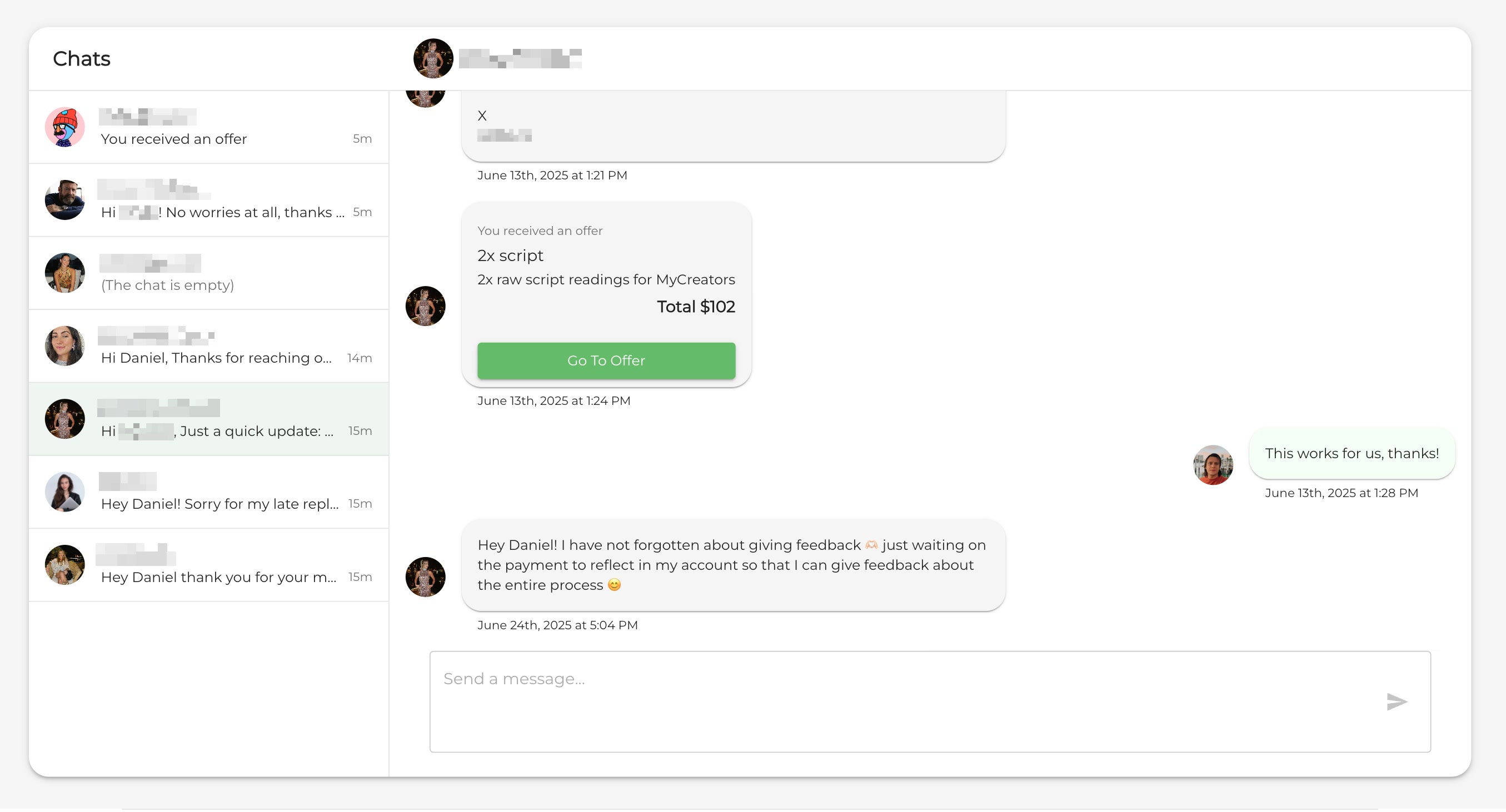 Chat thread with a custom offer card for two script readings, total $102