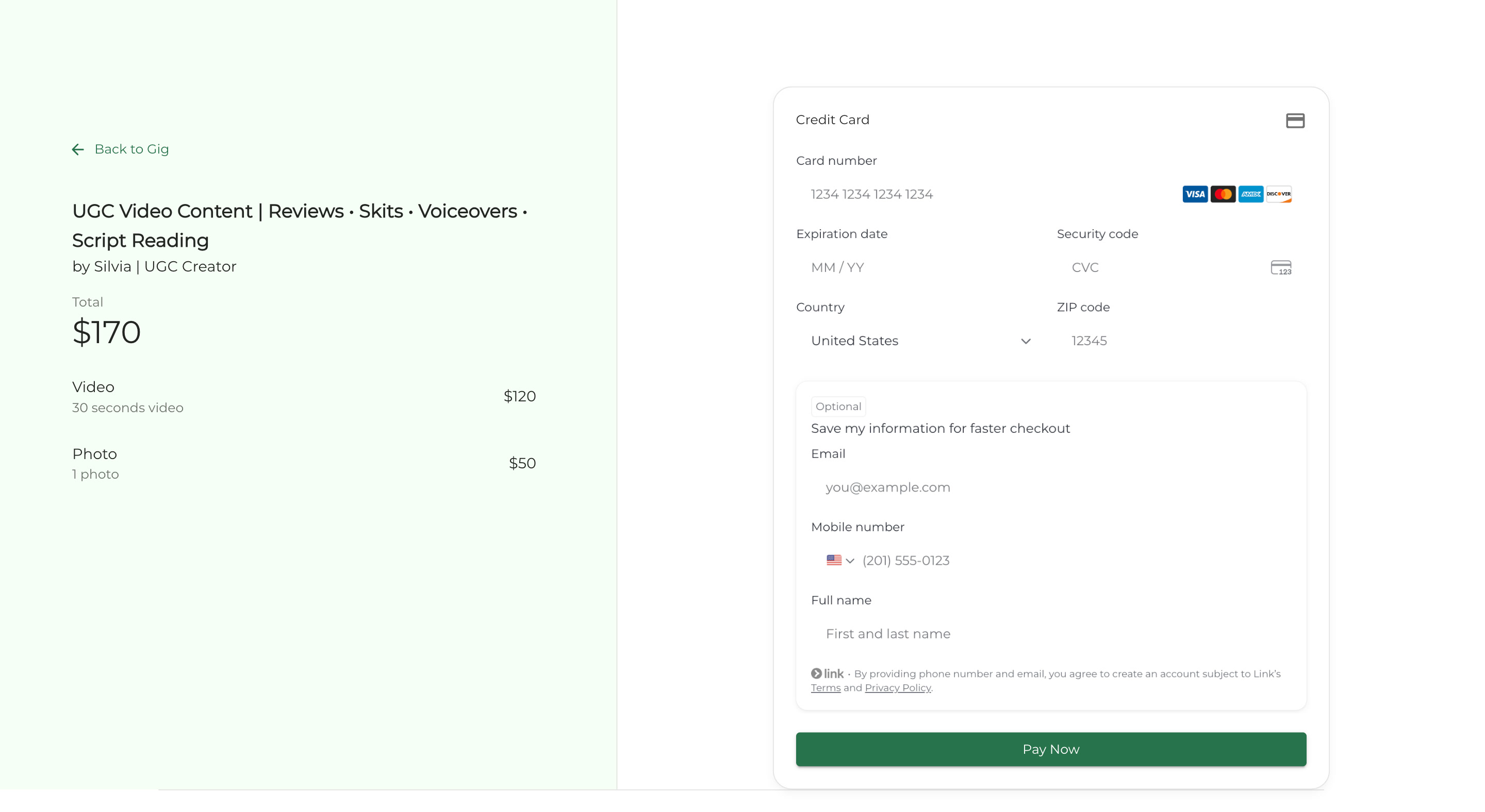 Checkout with a $120 video and $50 photo summary beside a Stripe card form