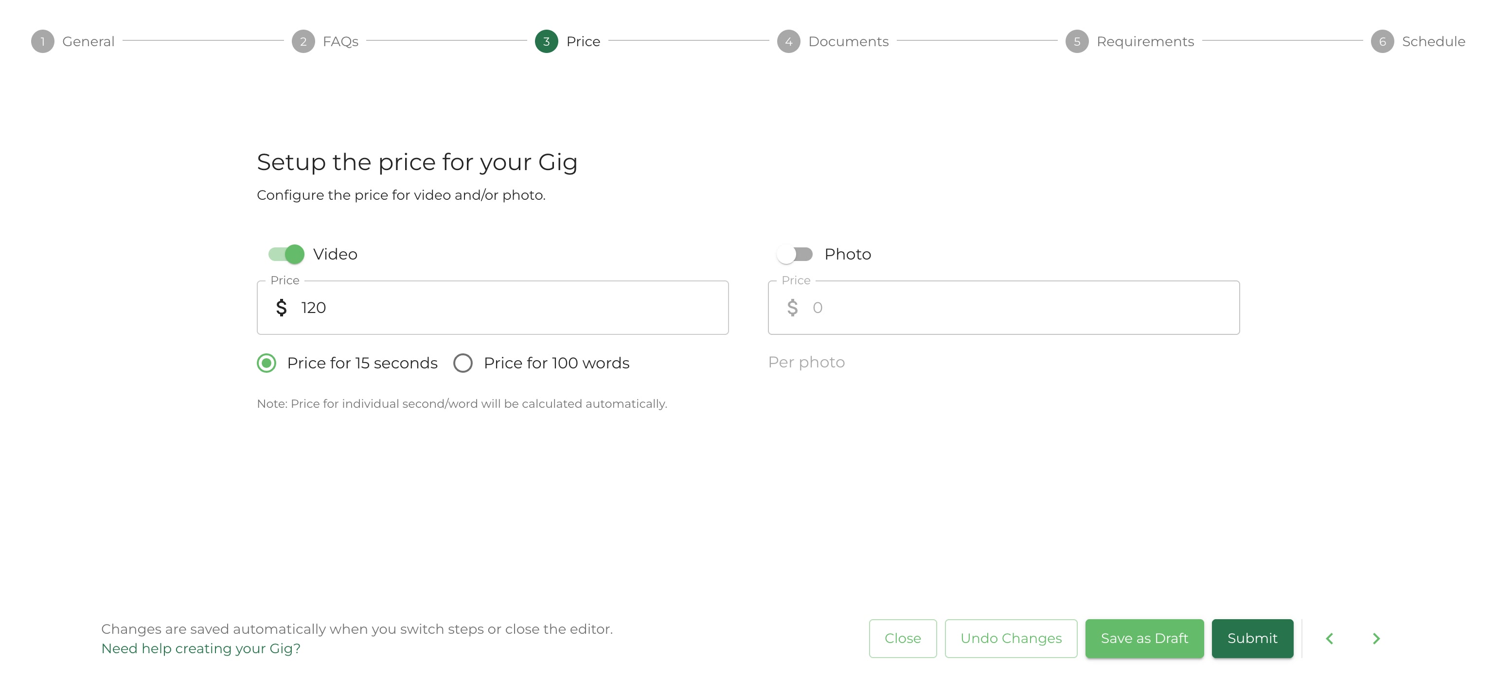 Gig editor, price step with video and photo pricing