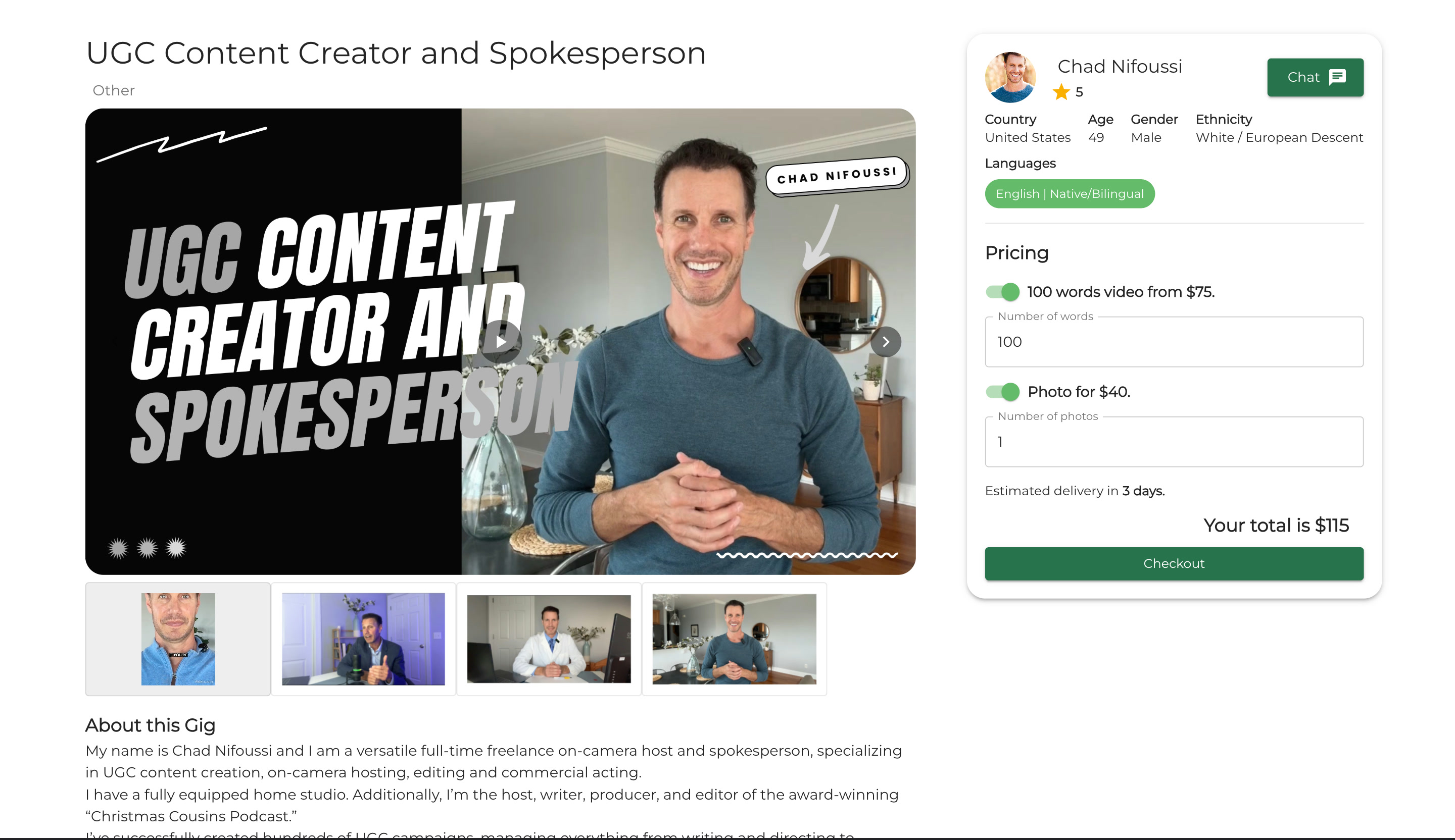 Gig page with word count and photo selectors and a live total of $115