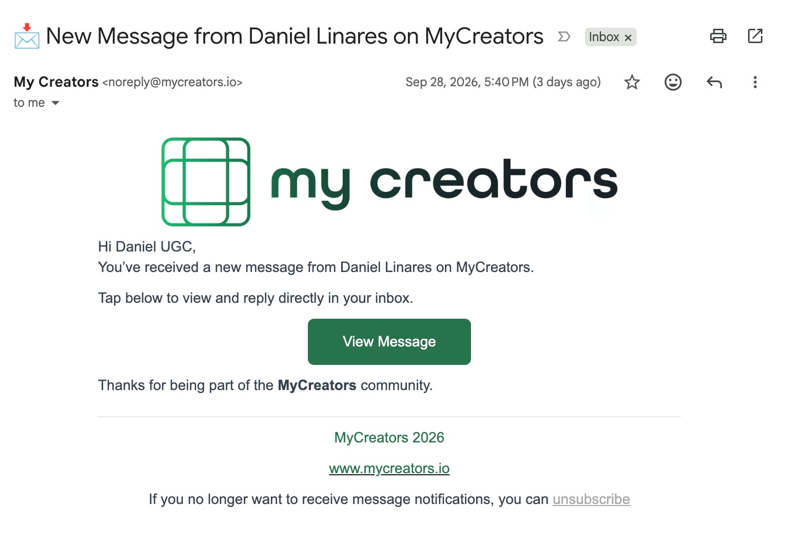 New message email notification with a View Message button and an unsubscribe link