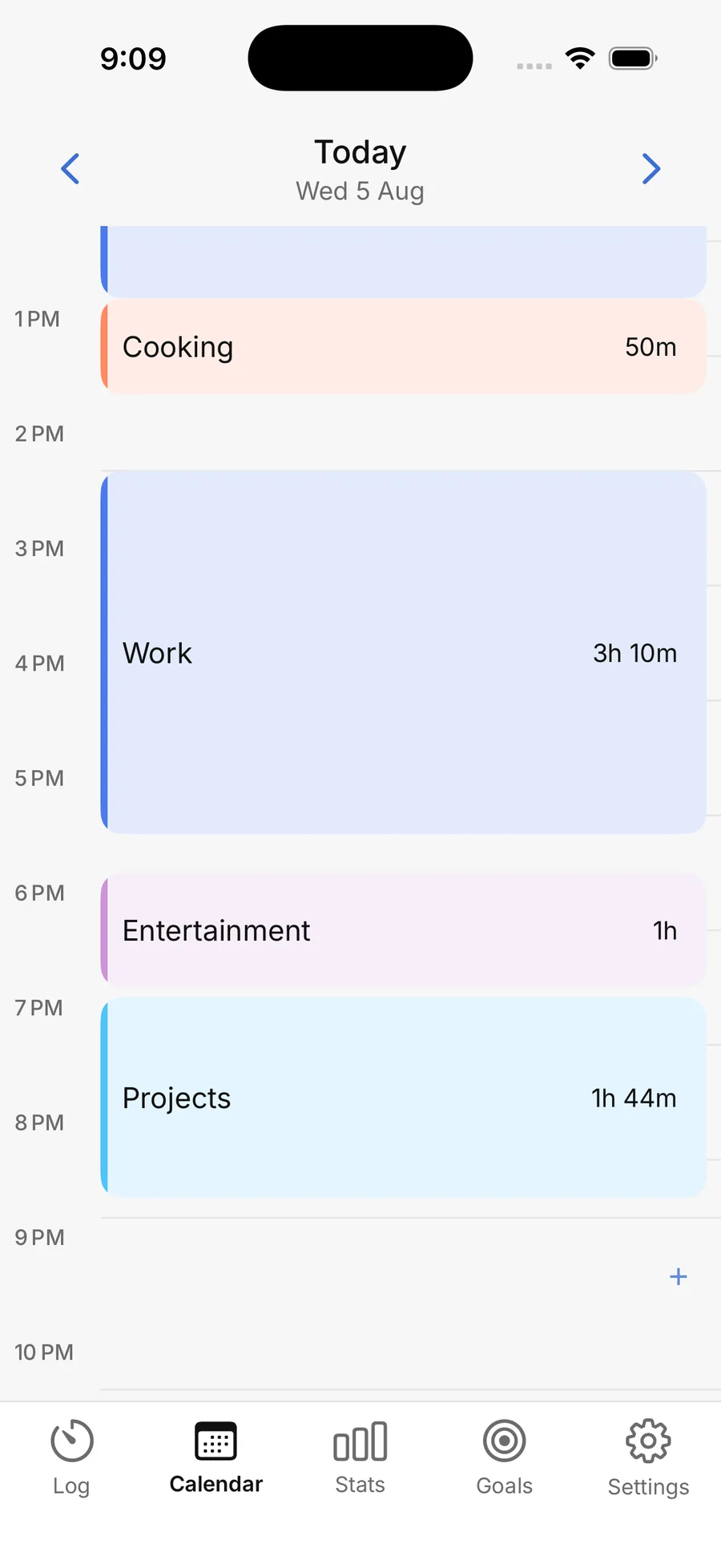 Day timeline with colour-coded blocks