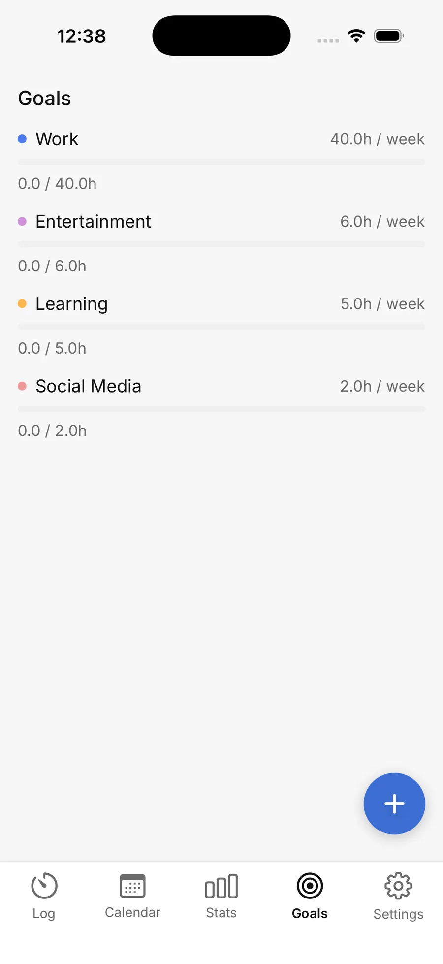 Goals screen with weekly targets