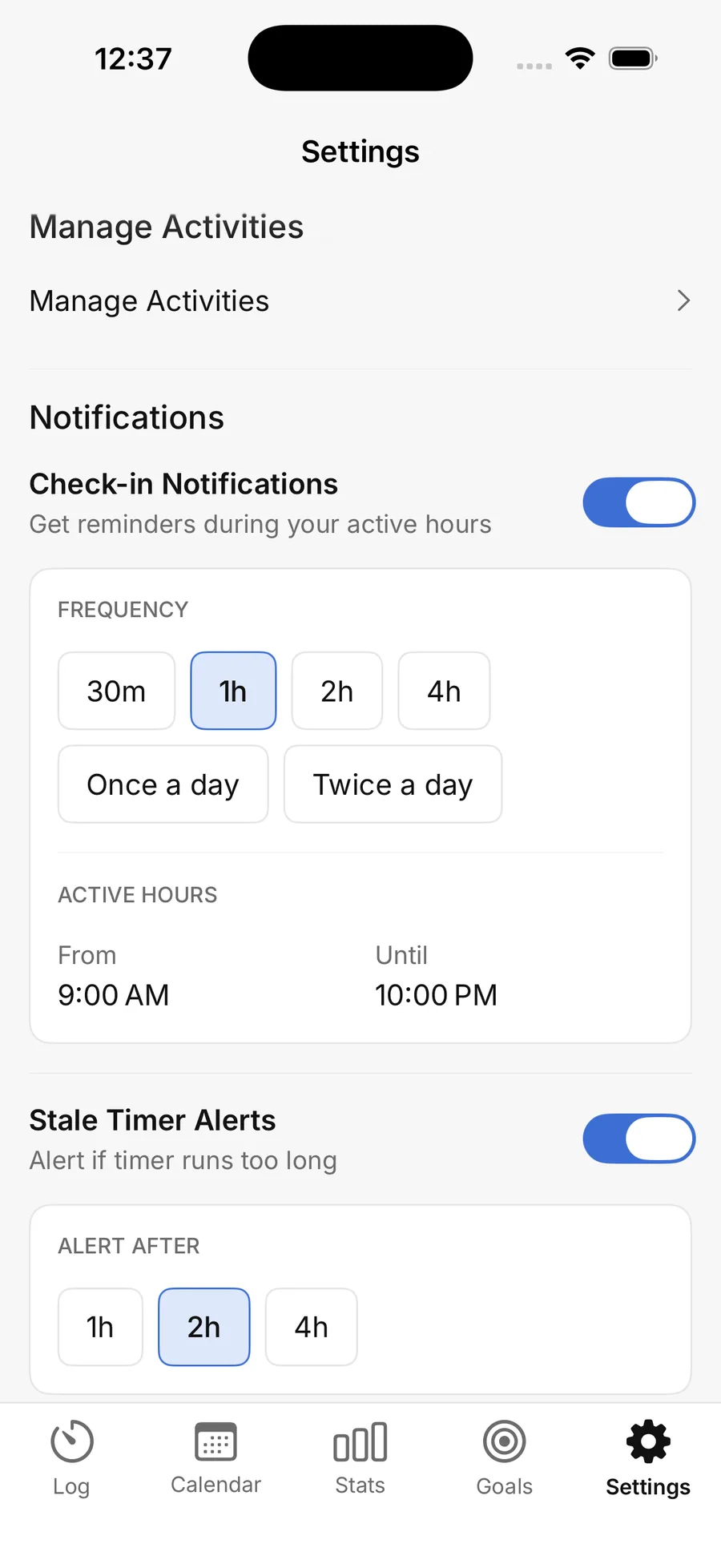 Notification settings with check-in frequency and active hours